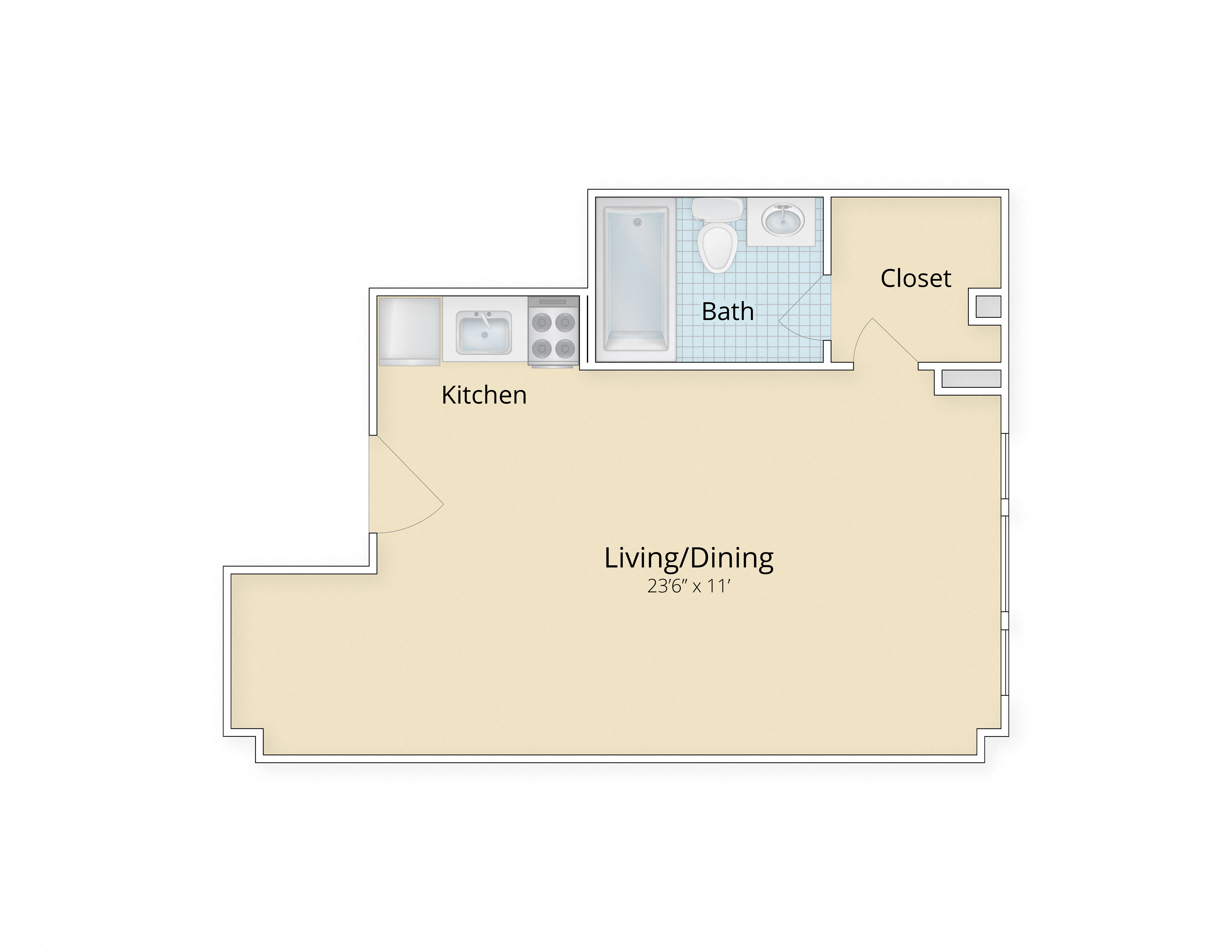Floor plan for studio, 1 bath, 396 sqft